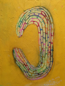 藤木イサク　seeds of Okura （キャンバスボードにジェッソとオイル）Size 40.5cm×30.5cm