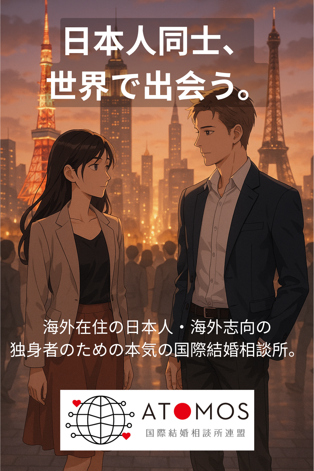 海外在住日本人と日本人同士の真剣な国際結婚をサポートするATOMOSの広告画像。東京タワーとエッフェル塔が背景にある国際都市で、日本人男女が見つめ合うアニメ風イラスト。グローバル婚活、国際結婚、日本人向けマッチメイキングのキーワードを強調。