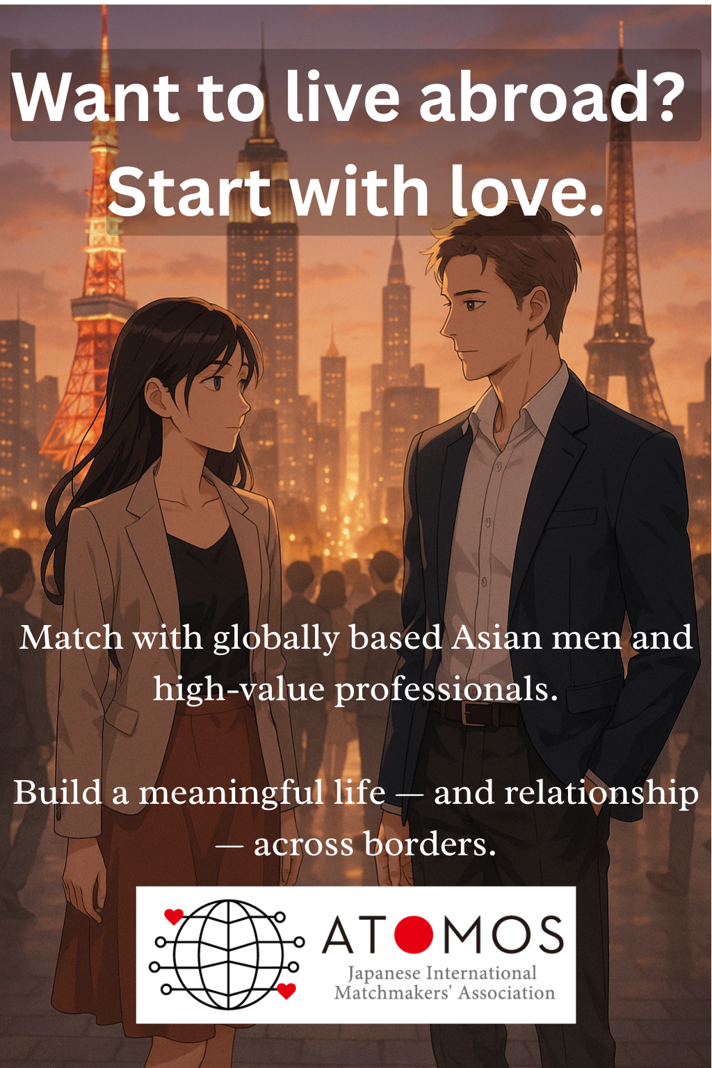 Anime-style illustration of a Japanese man and woman meeting in an international cityscape with Tokyo Tower and the Eiffel Tower in the background. Promotional image for ATOMOS, a global Japanese matchmaking agency for serious international marriage. Keywords: Japanese singles, international dating, global matchmaking, overseas Japanese, serious relationships.
