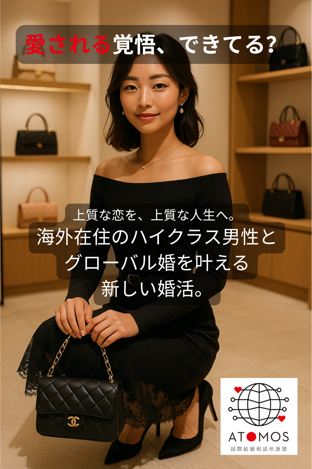 高級ブティックの中で、黒のオフショルニットとレーススカートを上品に着こなした20代の日系アメリカ人女性が、優雅にしゃがんで微笑んでいる姿。手にはシャネルのバッグ、背景には温かい照明と高級感ある棚。グローバルな恋愛・国際結婚を象徴するATOMOS広告用ビジュアル。 キーワード：国際結婚、海外婚活、20代女性、日本人との出会い、駐在妻希望、上品な婚活広告、真剣な恋愛。