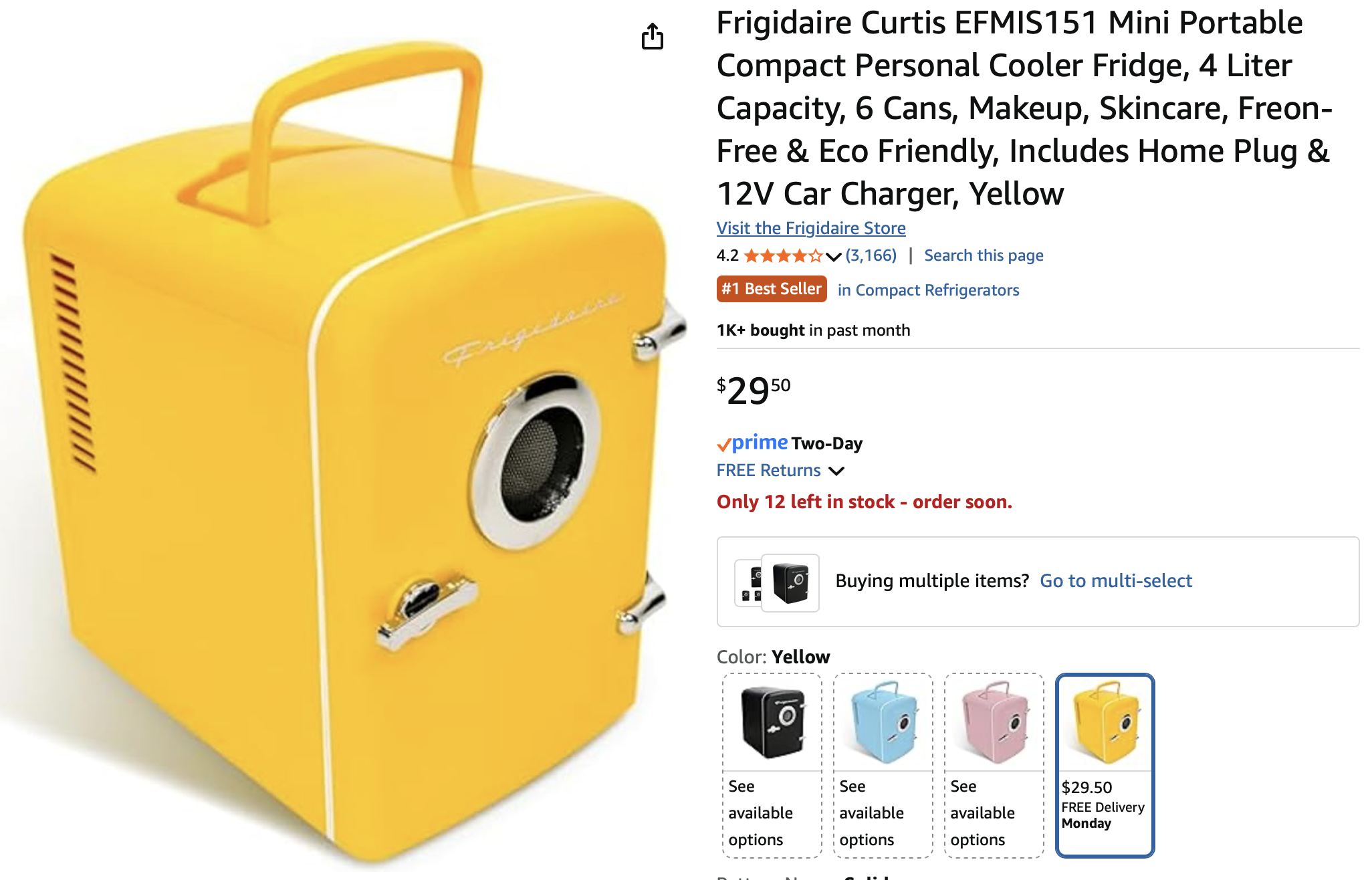 Frigidaire Curtis EFMIS151 Mini Portable Compact Personal Cooler Fridge, 4 Liter Capacity, 6 Cans, Makeup, Skincare, Freon-Free & Eco Friendly, Includes Home Plug & 12V Car Charger, Yellow