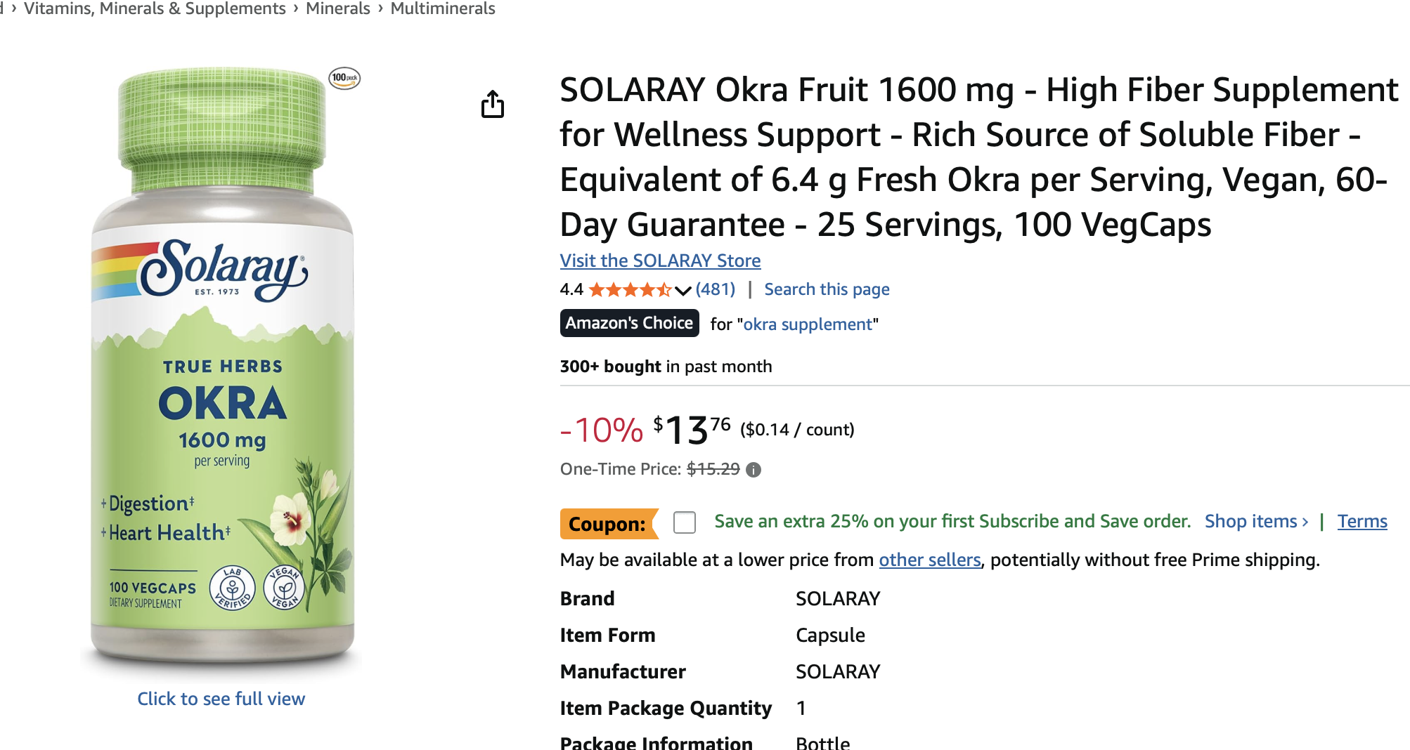 SOLARAY Okra Fruit 1600 mg - High Fiber Supplement for Wellness Support - Rich Source of Soluble Fiber - Equivalent of 6.4 g Fresh Okra per Serving, Vegan, 60-Day Guarantee - 25 Servings, 100 VegCaps