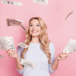 A woman holding a lot of money in her both hands with big smile