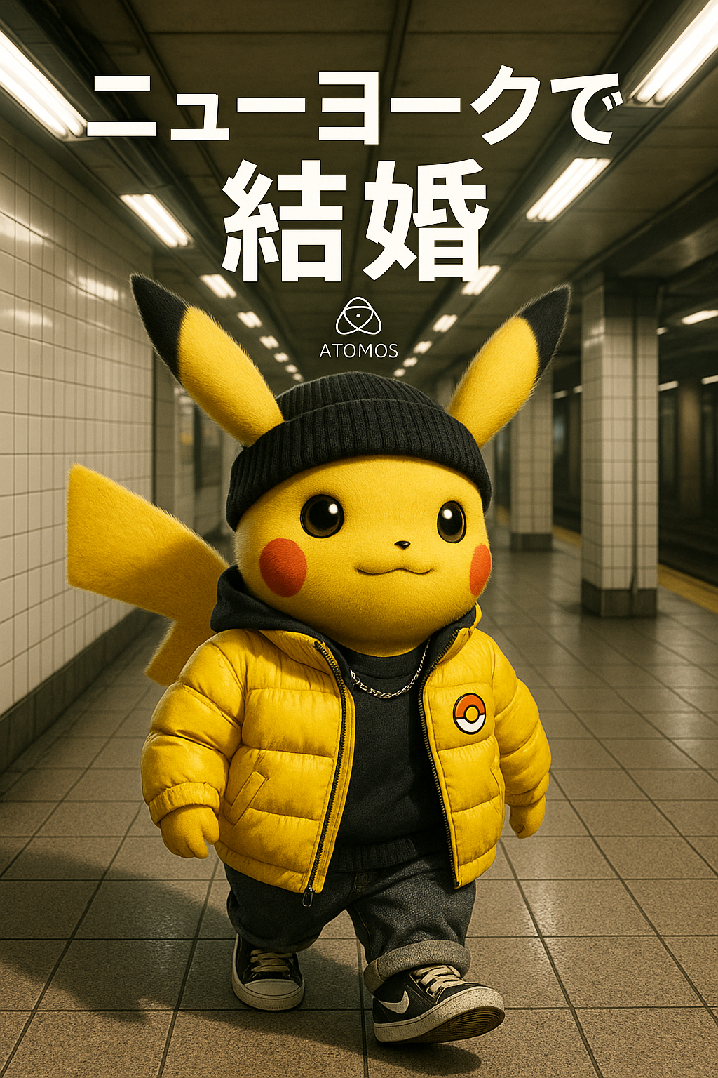 picachu walking at the subway station