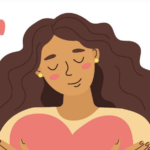 A woma holding a pink heart with smiling face