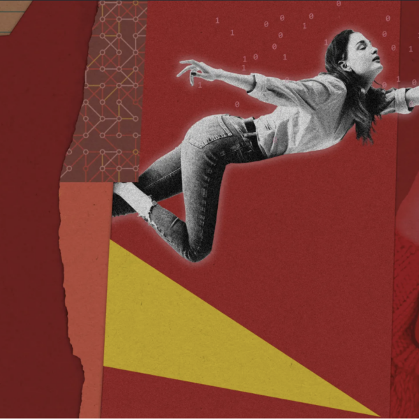 Modern art, one person is flying in the collage background